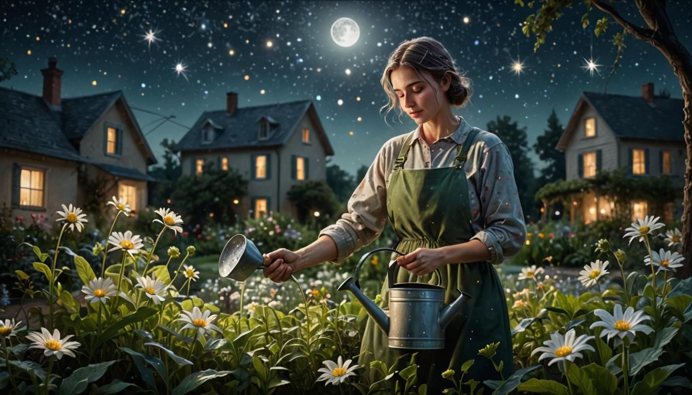 Moonlight Gardener Tending to Celestial Garden as Oil Painti...