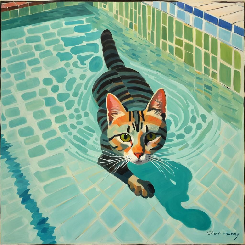 Cat Swims in Pool, David Hockney Style