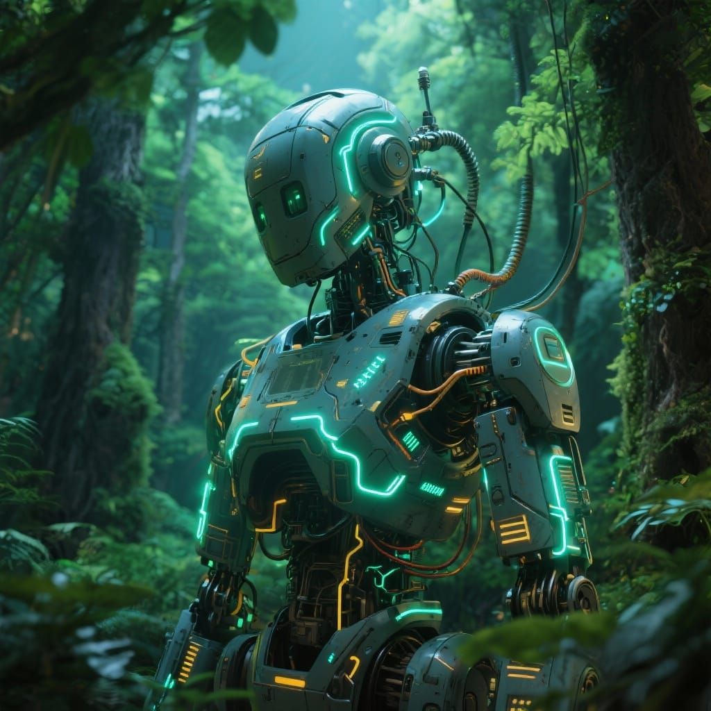 Futuristic Robot in Lush Forest with Neon Circuitry