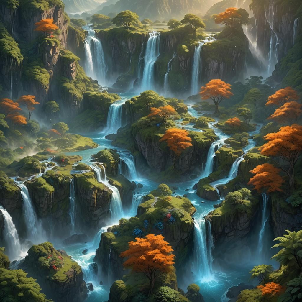 Lush Waterfall in a Fantastical Landscape