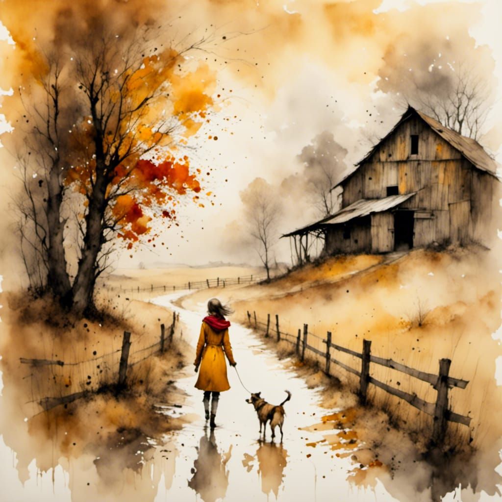 Autumn Girl with Dog: Impressionistic Watercolor Art