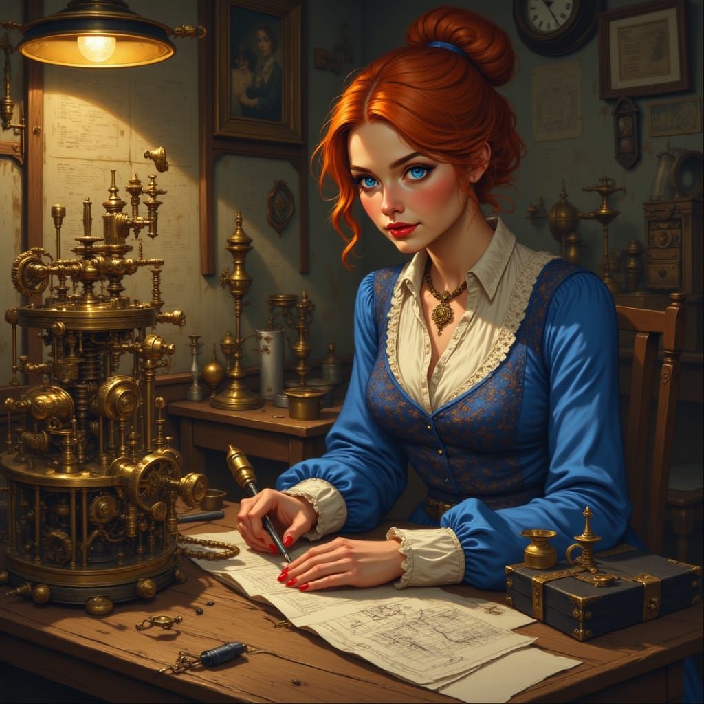 Victorian Alice Inventor with Brass Automaton