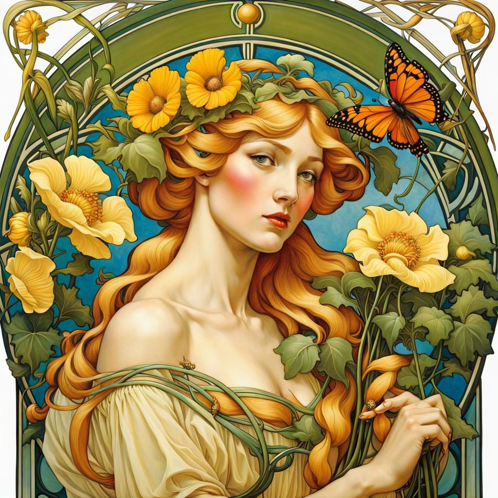 Golden-Haired Goddess Sif in Art Nouveau Style
