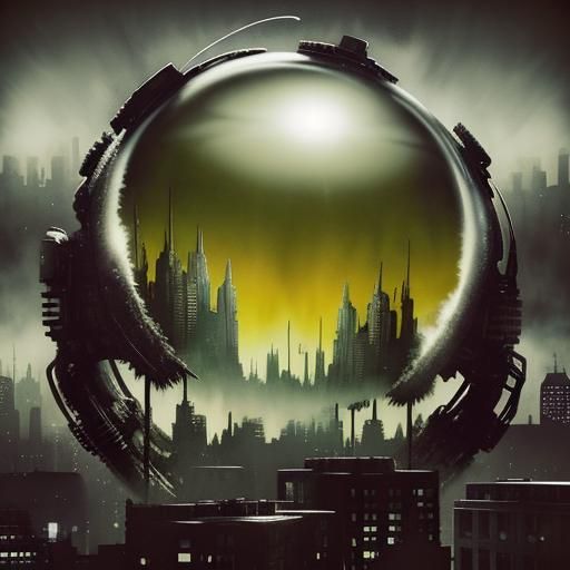 Surreal Double Exposure: Alien in Dystopian Cityscape