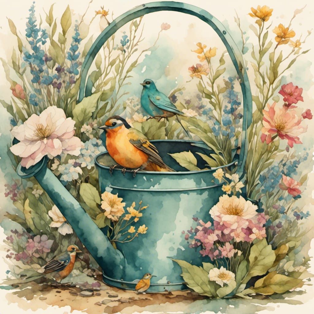 Vintage Botanical Illustration of Watering Can and Bird