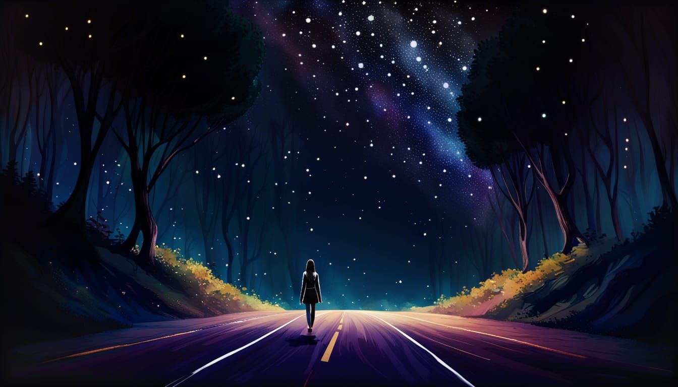 Girl Walks Under Starry Night Sky in Watercolor