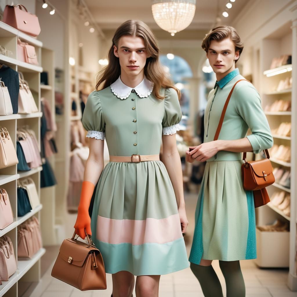 Handsome Young Man in Peter Pan Collar Dress with Long Hair...