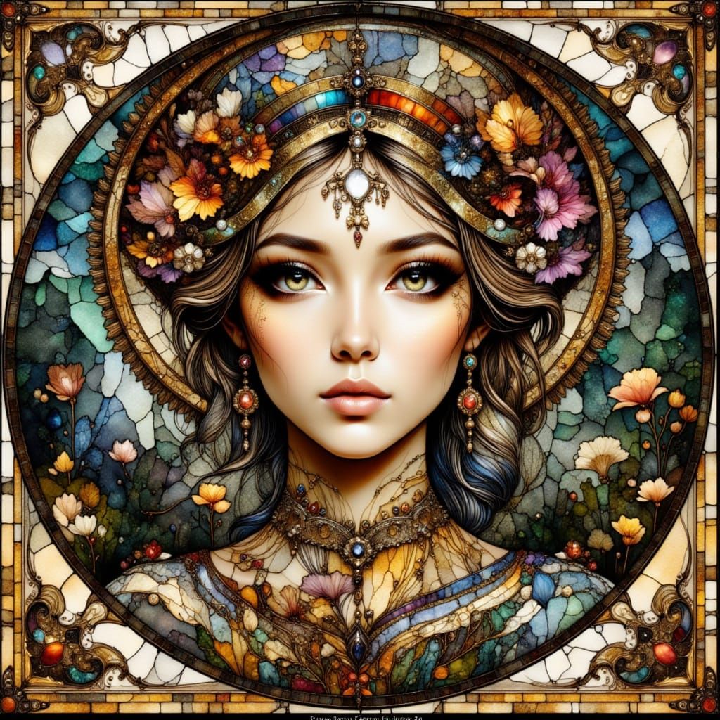Art Nouveau Stained Glass Portrait with Metallic Textures