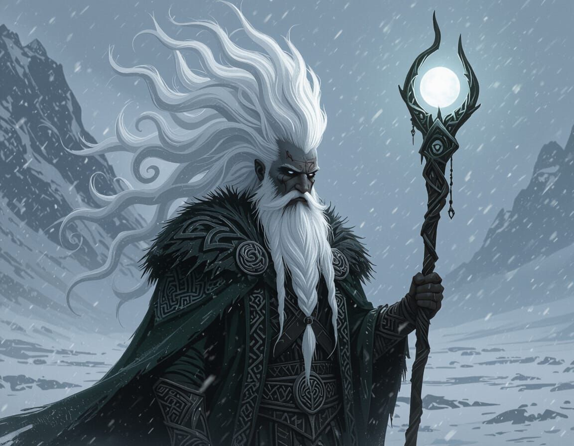 Celtic Shaman in Blizzard: Dark Fantasy Art