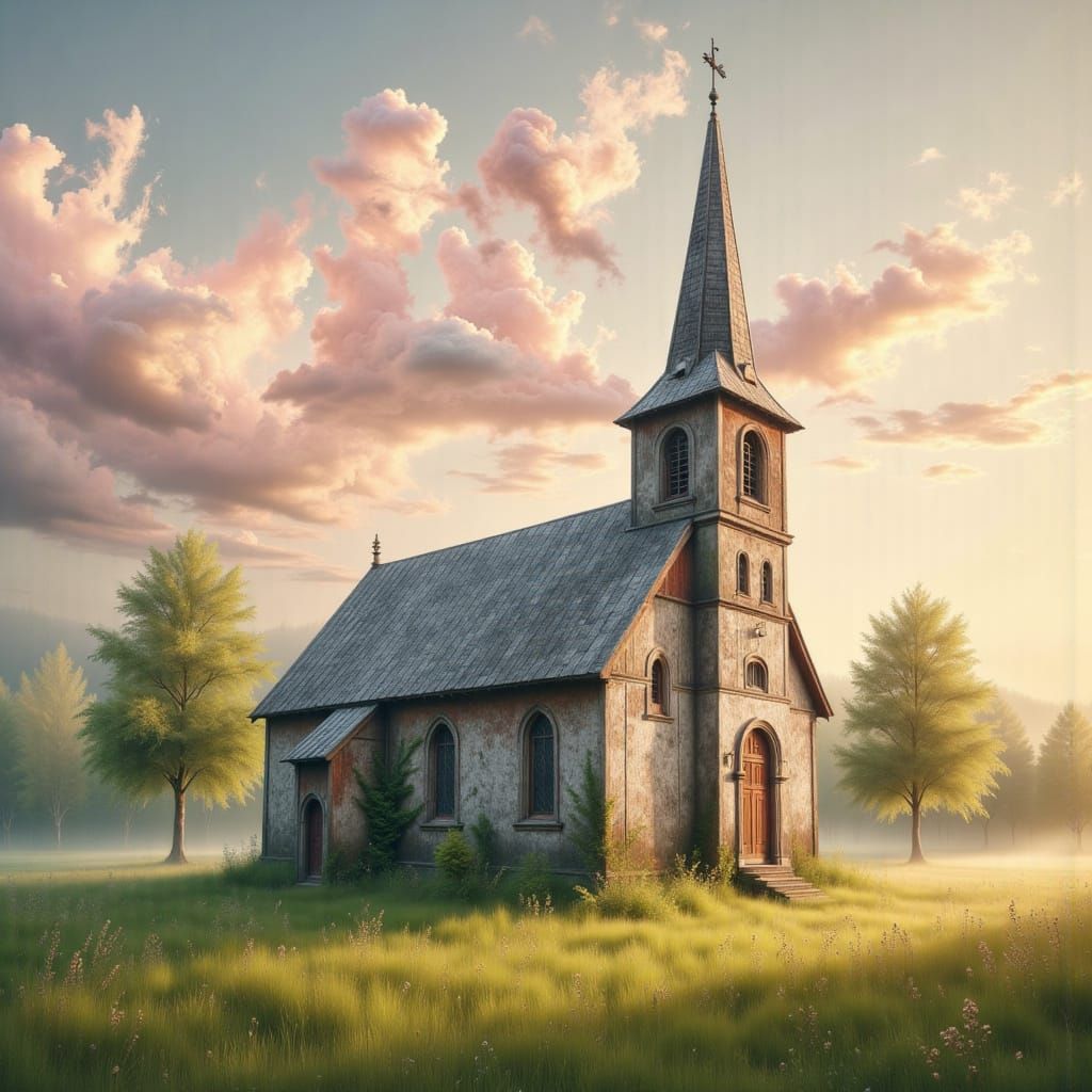 Peaceful Dawn Over Old Church Steeple in Pastel Hues