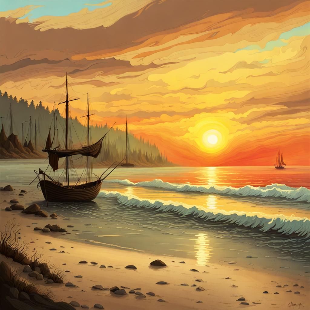Romantic Sunset Beach Landscape in Fantasy Style
