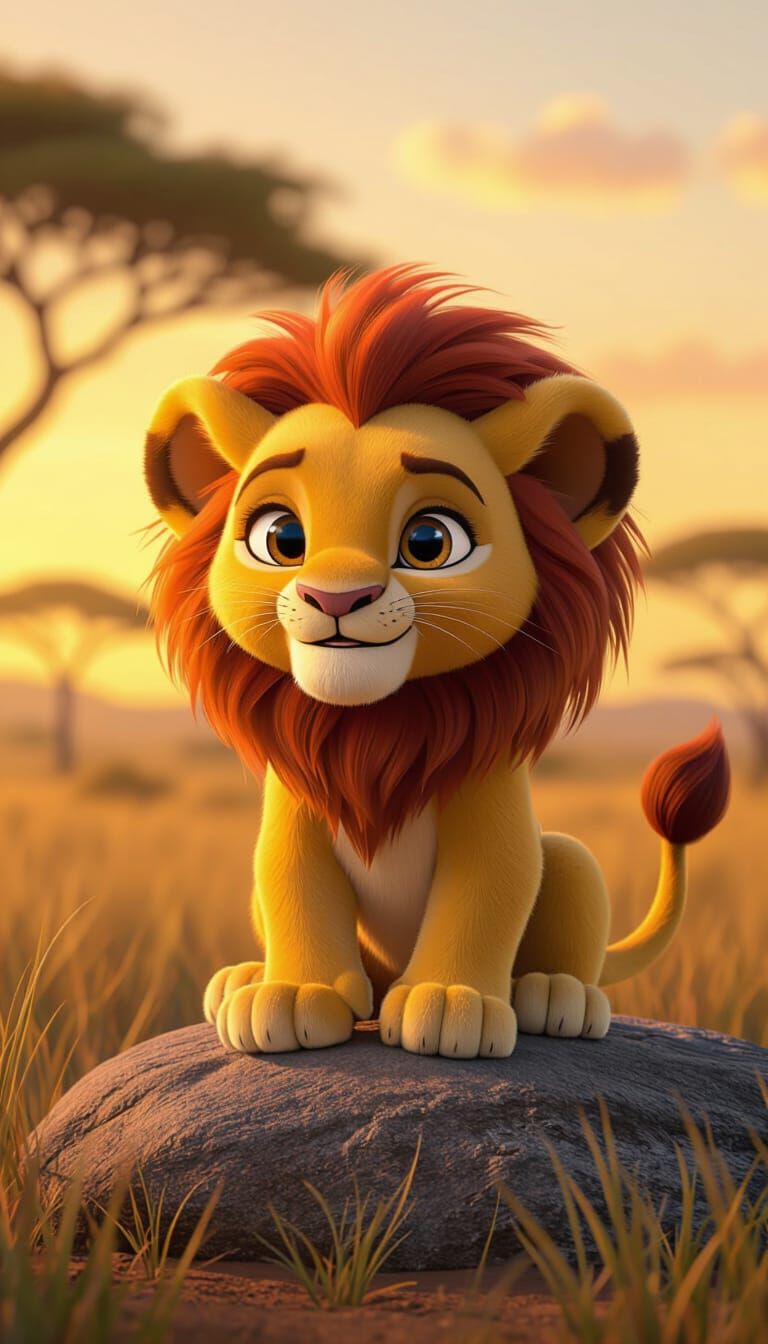 Cartoon Baby Lion Teddy Bear in African Savanna Sunset