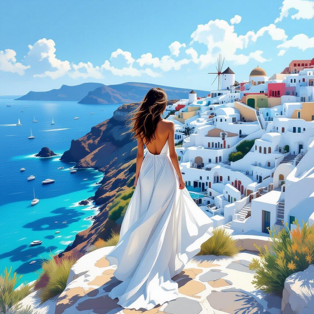 Mykonos Woman in Flowing Dress, Ethereal Style