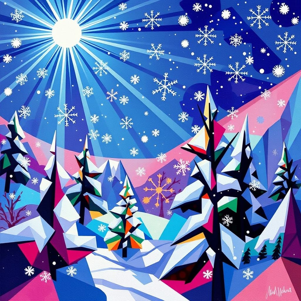 Dance of Snowflakes in Vibrant Cubist Style