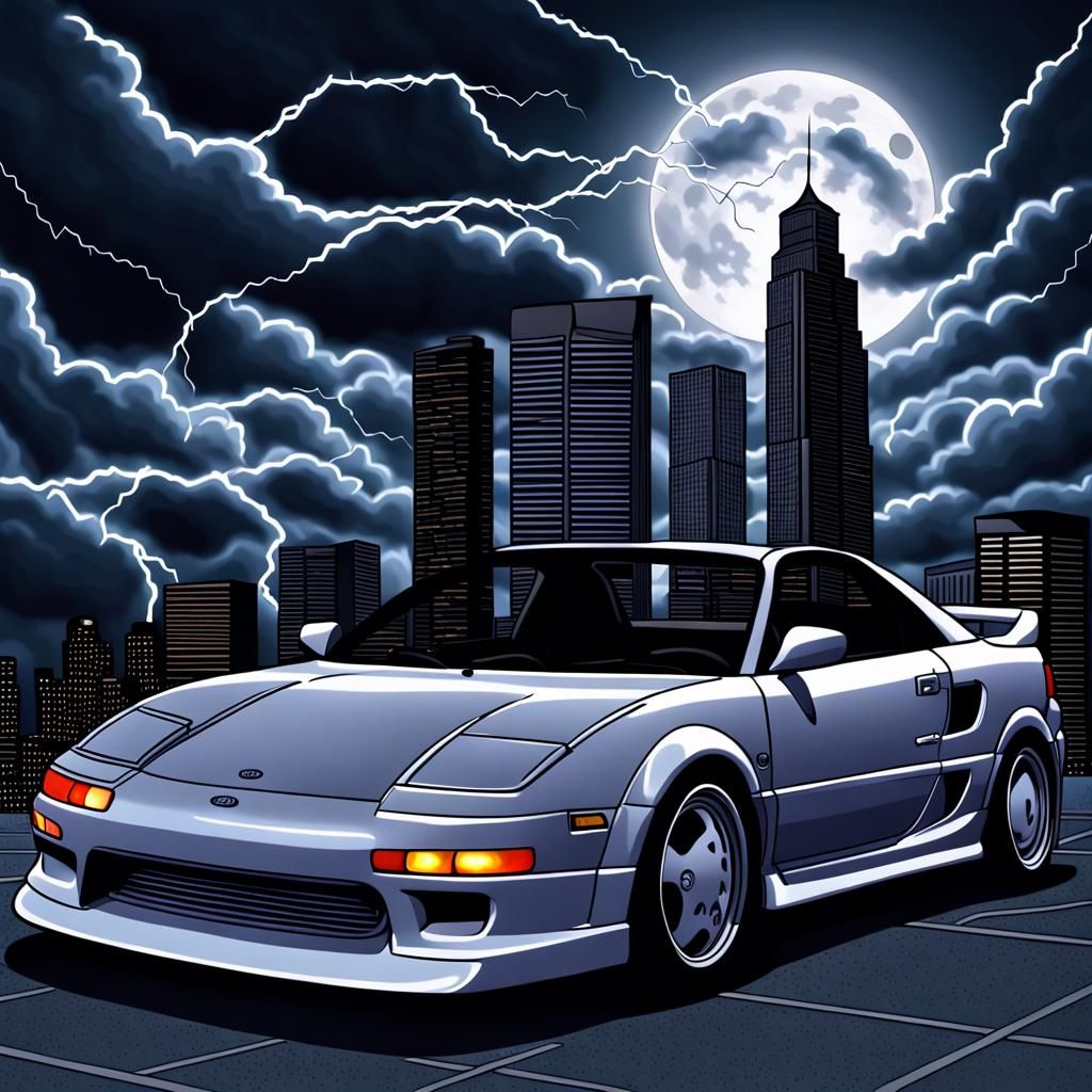 1991 Toyota MR2 on Skyscraper in Stormy City