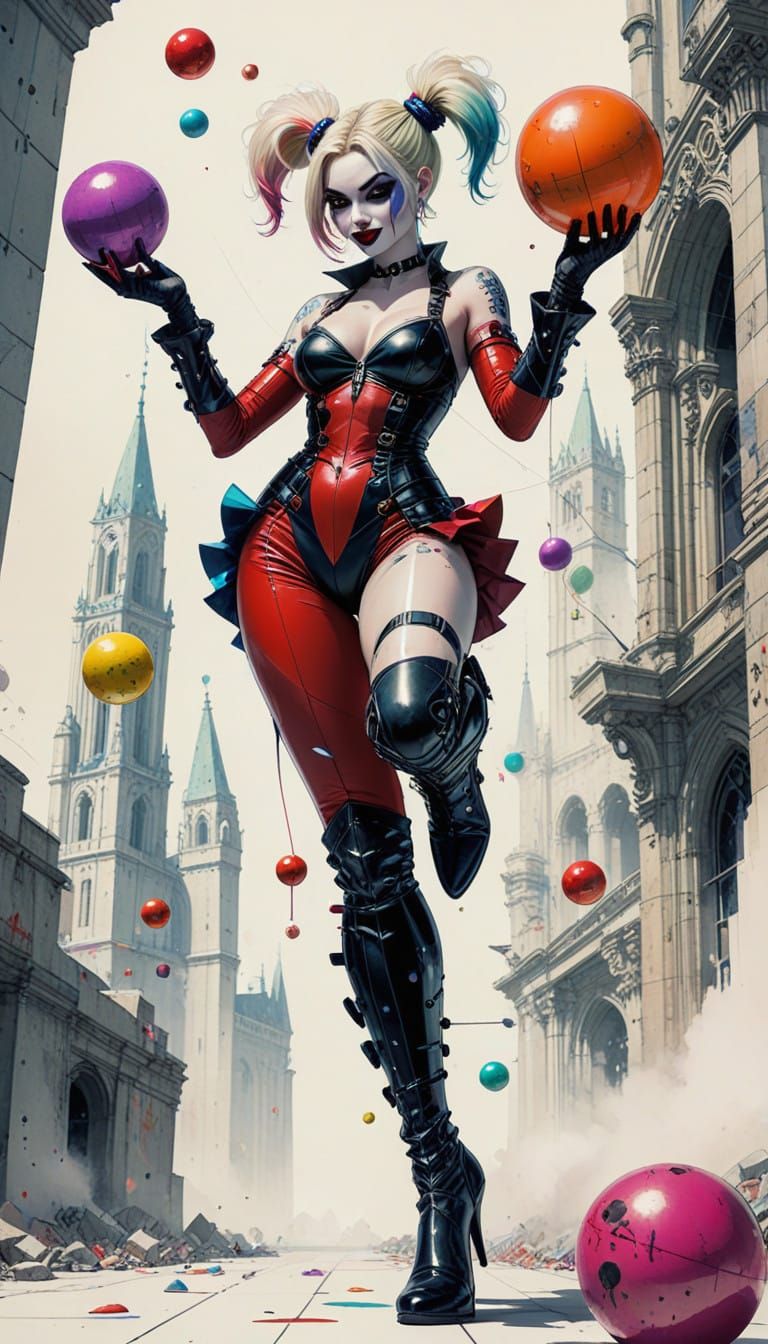 Surreal Pinup Jester Plays in Cyberpunk Gothic Architecture