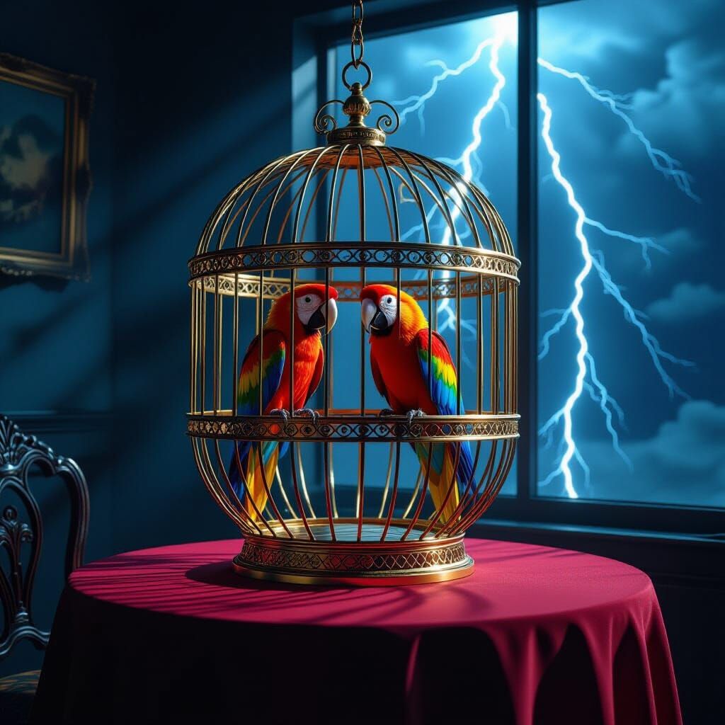 Golden Raptor Claw Birdcage with Parrots in Storm