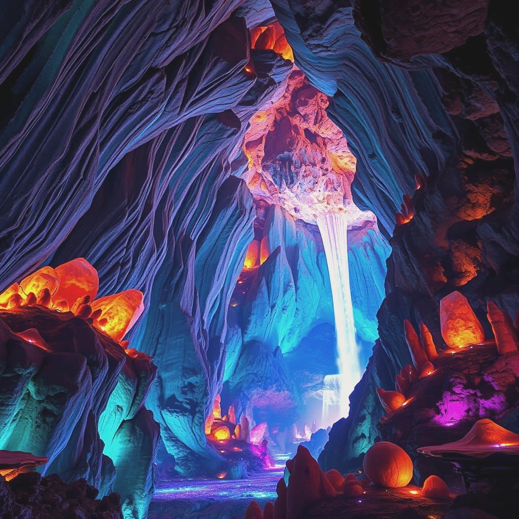 Bioluminescent Crystal Cave with Flowing Waterfalls
