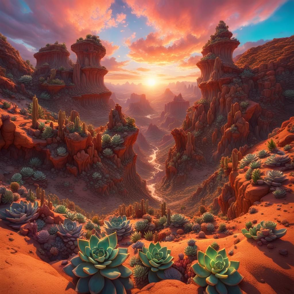 Psychedelic Desert Canyon Sunset in Holographic Style
