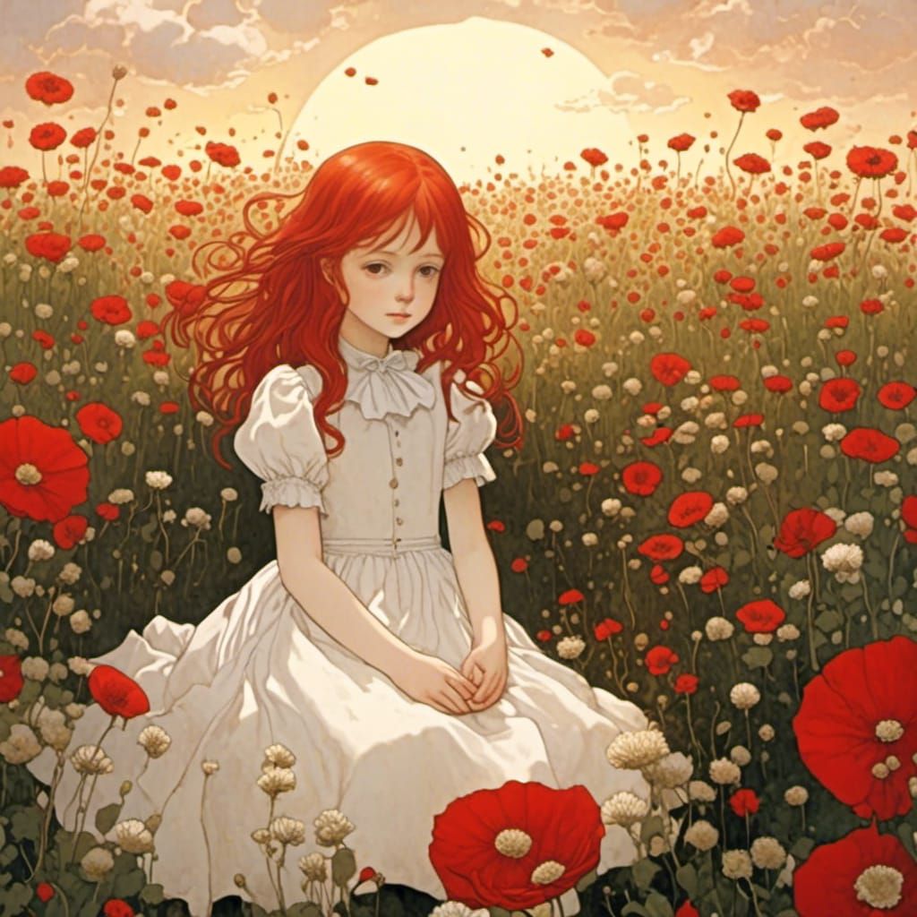 Anime Girl in Flower Field at Golden Hour
