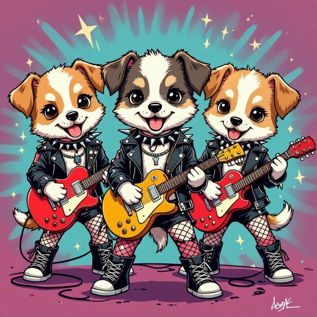 Punk Rock Puppy Trio in Pop-Surrealist Style