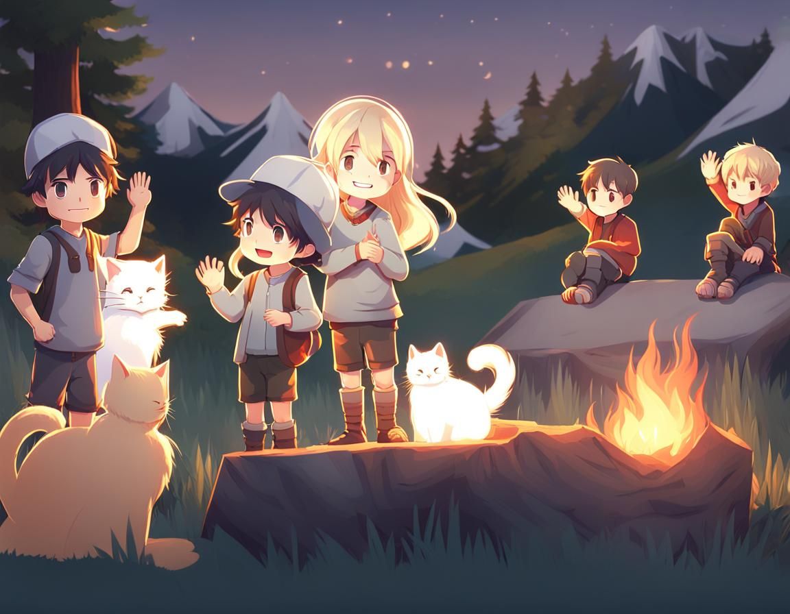 Long Haired Family Scene in 3d Anime Style Amidst a Campfire