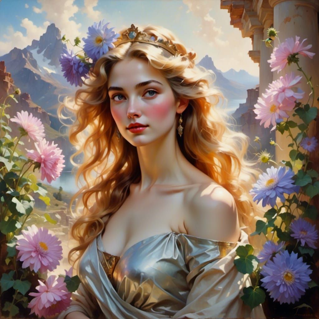 Crystal Aphrodite Bust with Flowers as Oil Painting