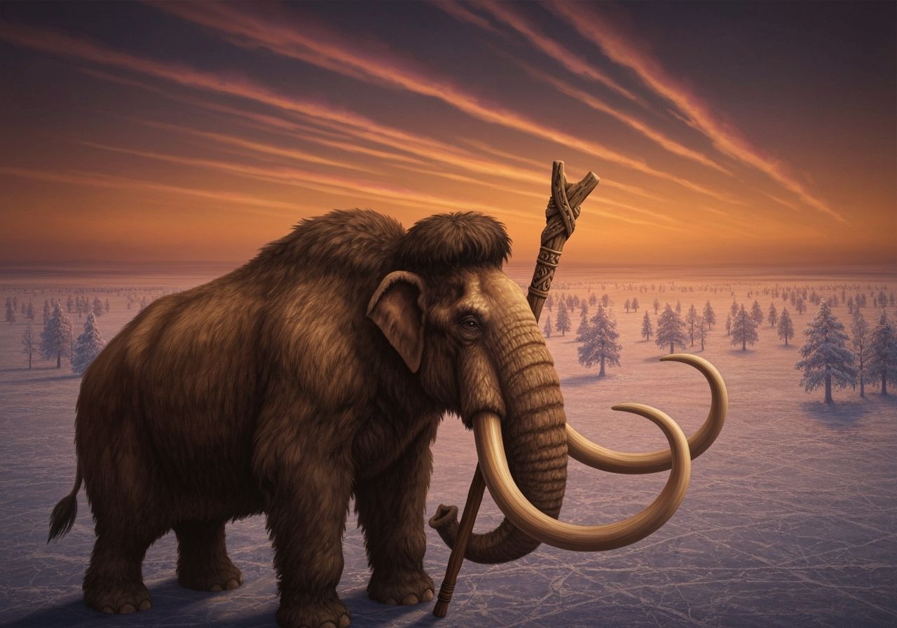 Majestic Mammoth on Frozen Steppe Under Dramatic Sky