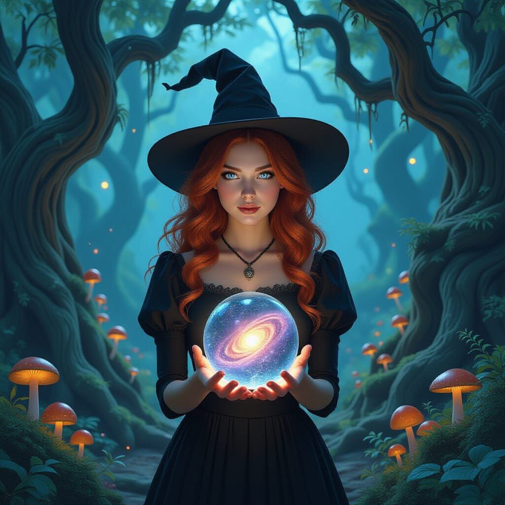 Red-Haired Witch Holding Galaxy in Crystal Ball