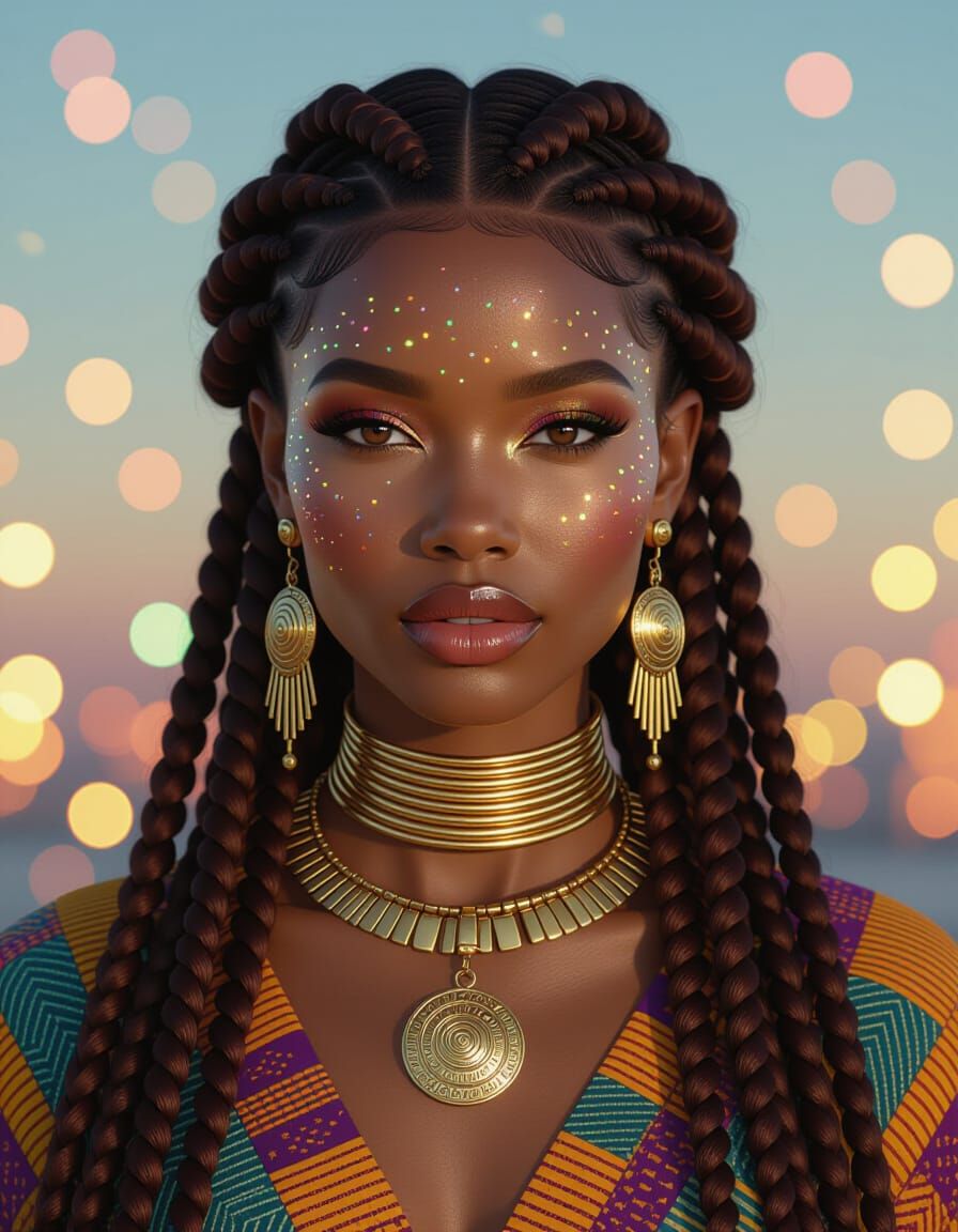 Afrofuturist Portrait of Radiant Black Woman with Gold Accen...