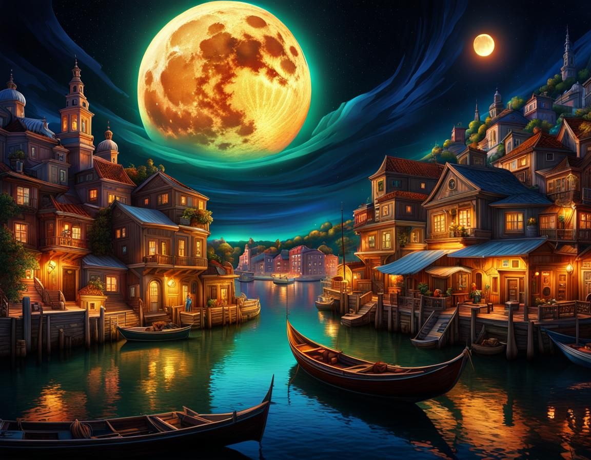 Baroque Harbor Village Under Massive Moon