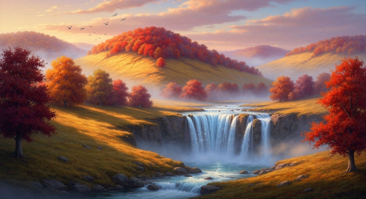 Autumn Sunrise Landscape with Cascading Waterfall