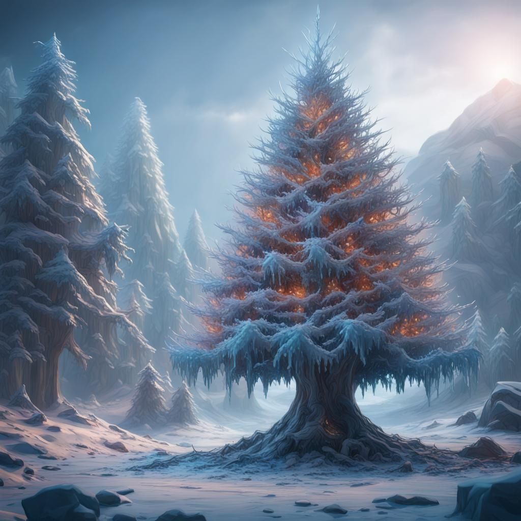 Fantastical Ice Christmas Tree in Matte Painting Style