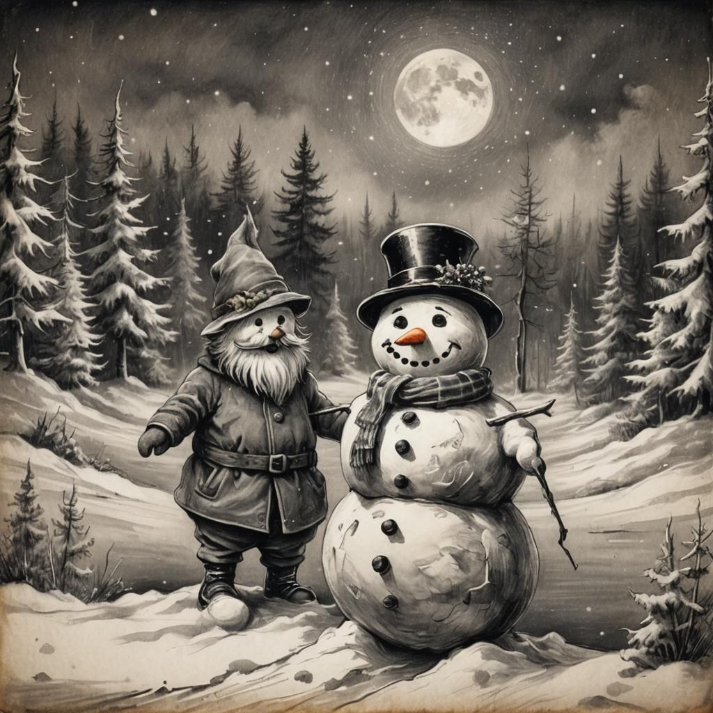 Vintage New Year Card with Snowman in Charcoal