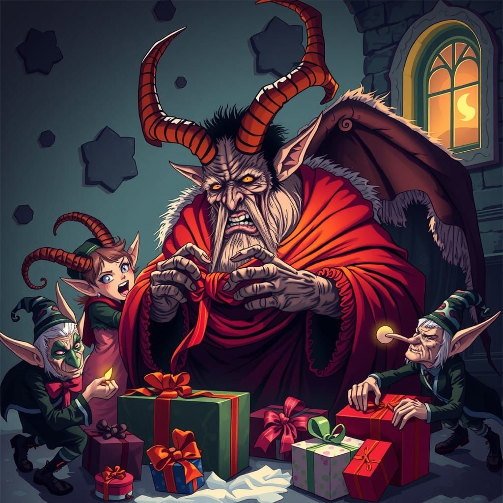 Krampus Wraps Sinister Presents Amidst Twisted Elves in Anim...