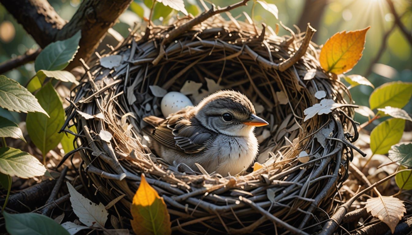 Newborn Bird in Nest with Eggshell Hat