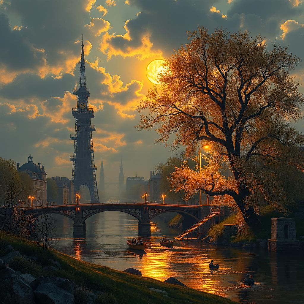 Golden Hour Landscape in Klimt-Monet Style