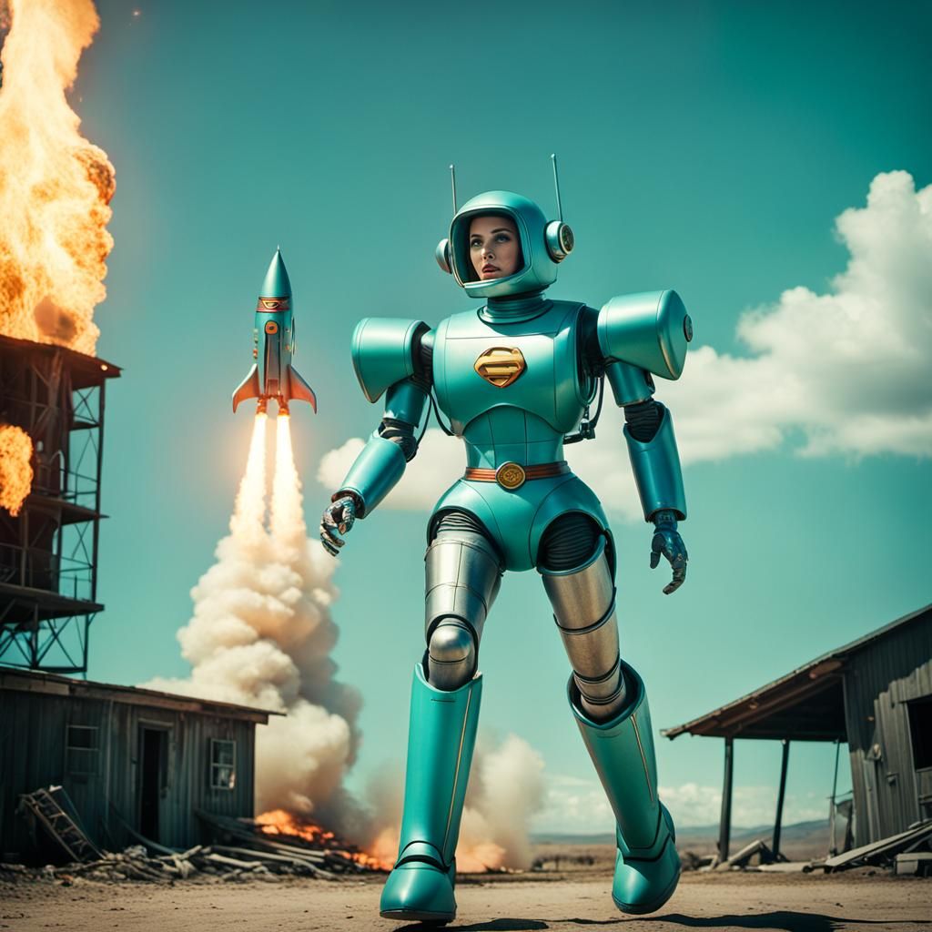 1950s Style Robot Girl with Rocket Flames