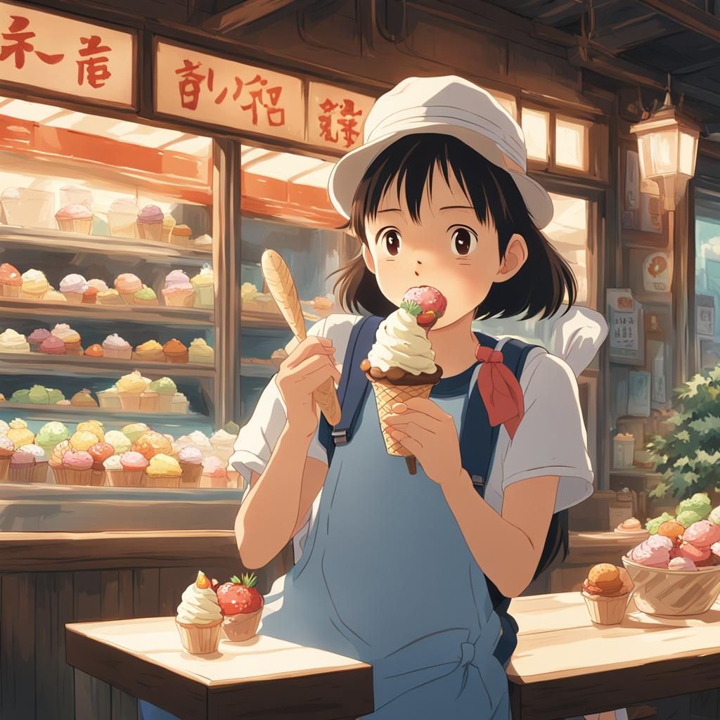 Girl Eating Ice Cream: Studio Ghibli Anime Style
