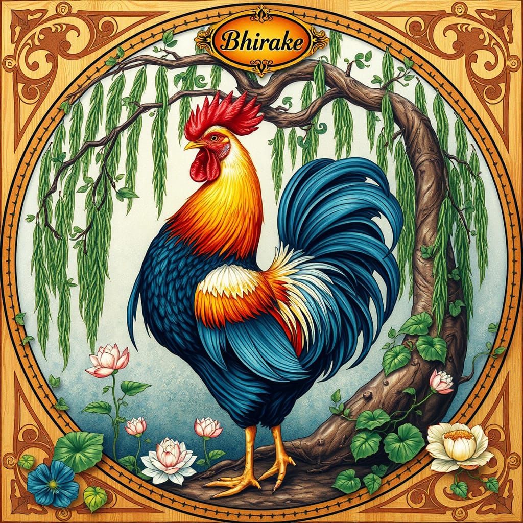 Majestic Hen Under Willow Tree in Art Nouveau Style