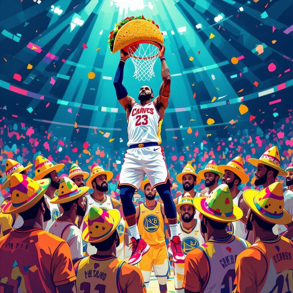 Lebron Dunks Amongst Taco-Hat Wearing Curry Clones