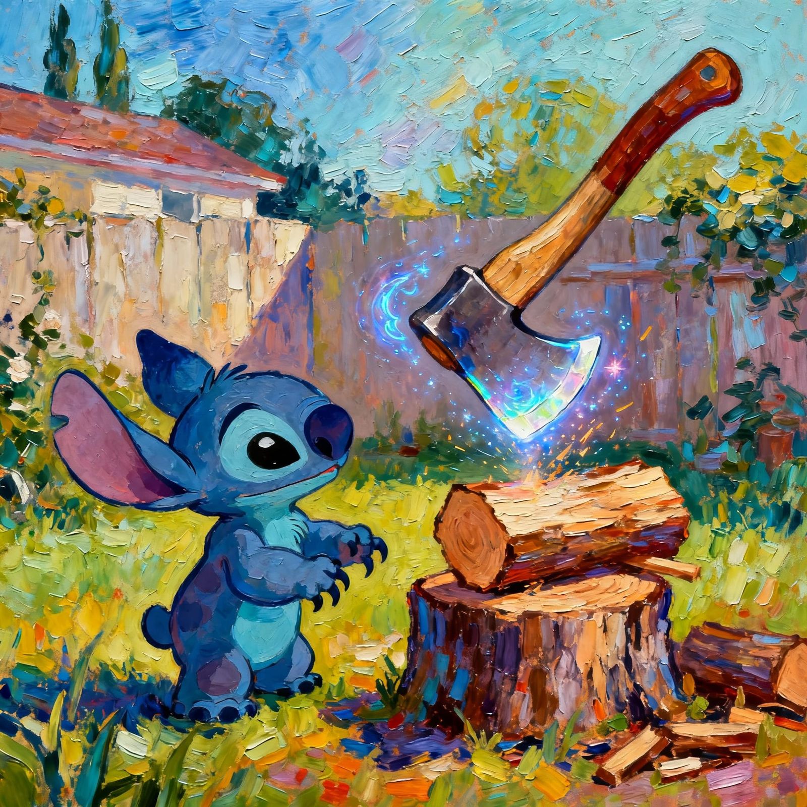 Stitch Watches Magical Axe Chop Wood in Disney Cartoon Style