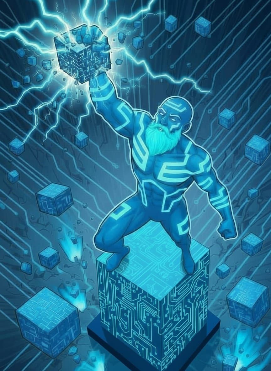 Cyberpunk Hero Crushes Cube Atop Techno Obelisk