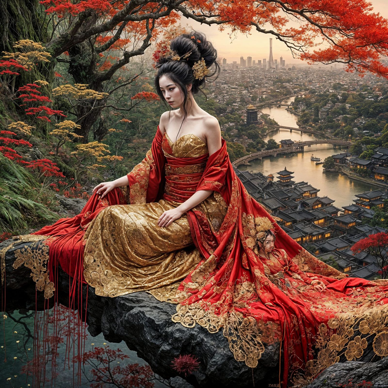 Ornate Geisha Overlooking Tokyo in Hyperrealism Style