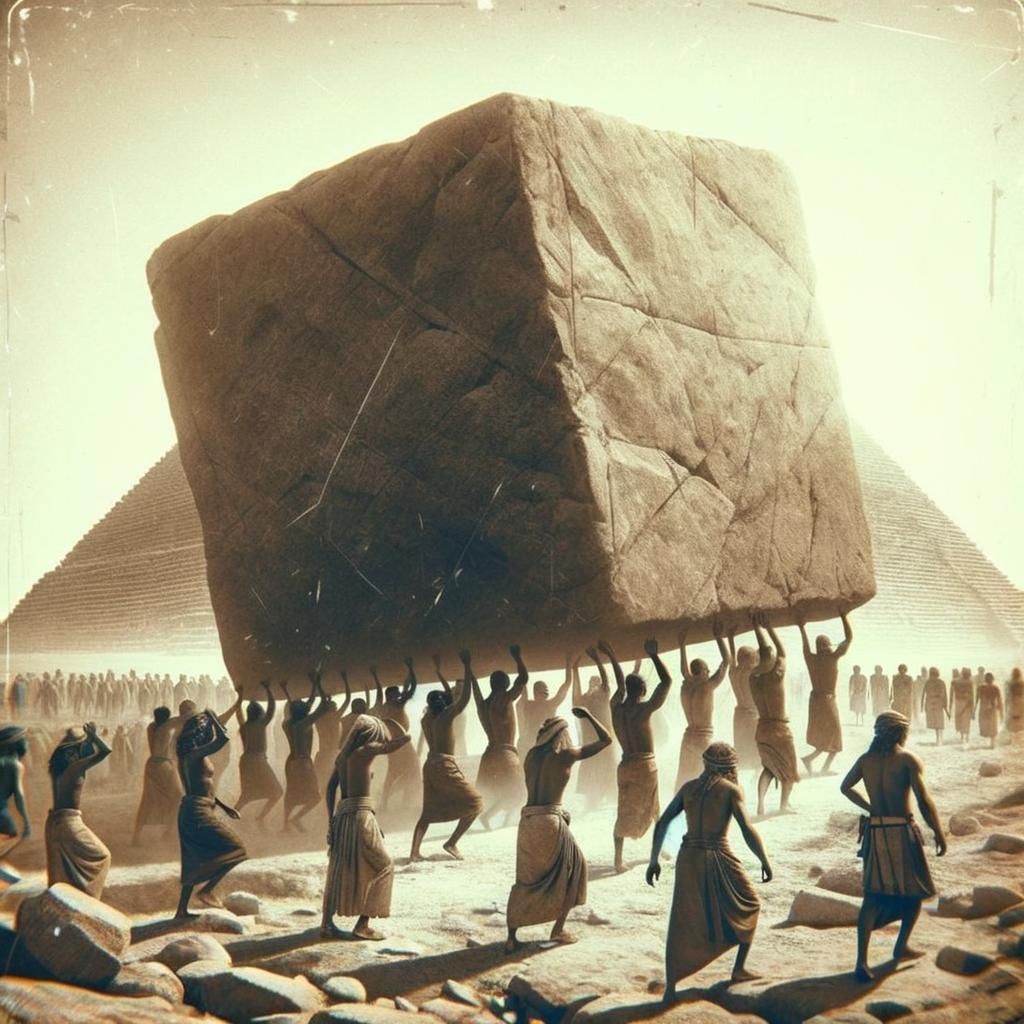 Vintage Photo of People Moving a Stone Block