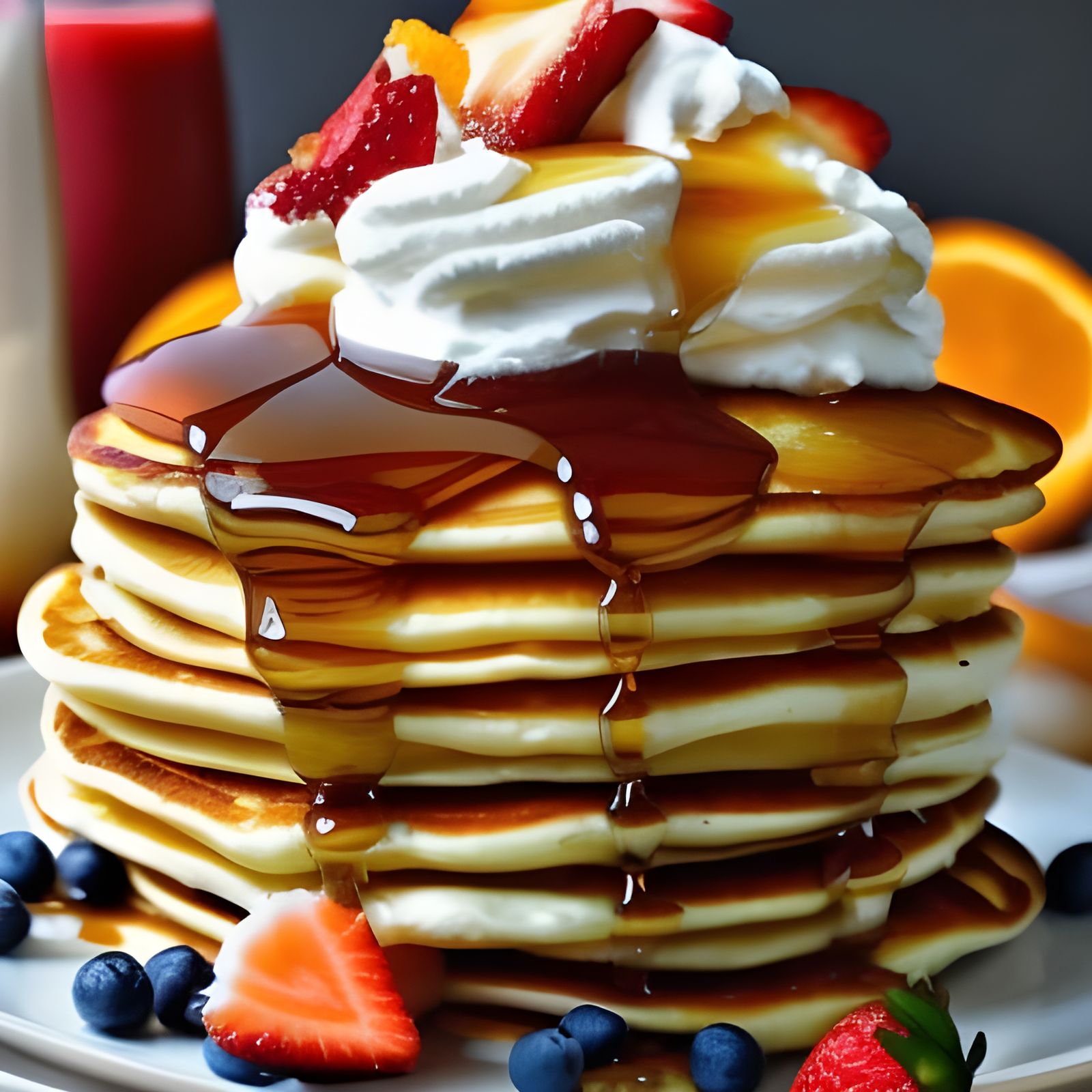 Delicious Pancakes with Whipped Cream and Syrup