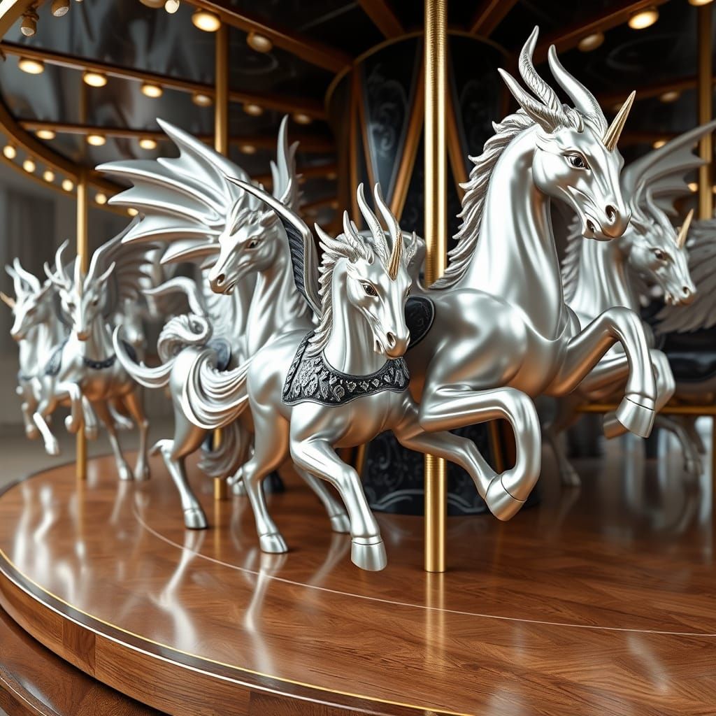 Mythical Creatures Carousel in Polished Silver and Marble