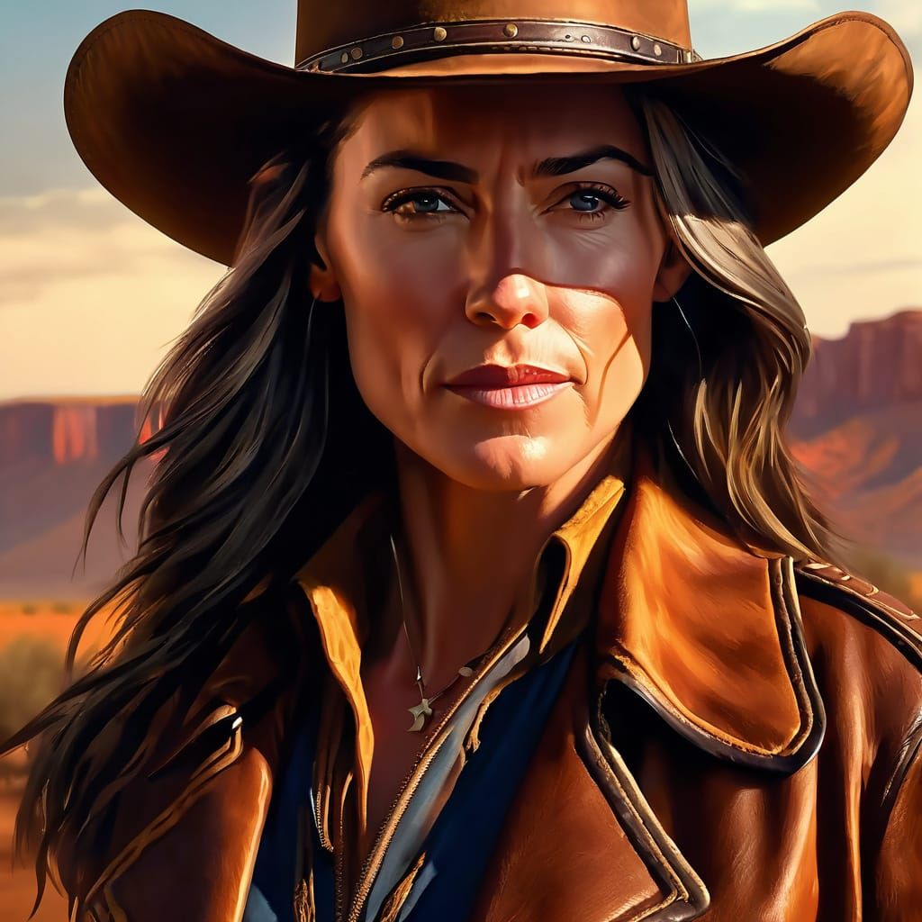Claudia Black as a Cinematic Western Icon in Warm, Earthy To...