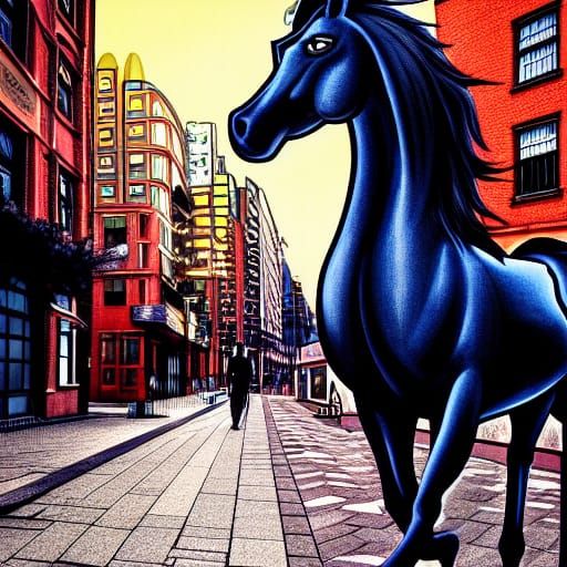 Mythical Black Horse in Bright City Street