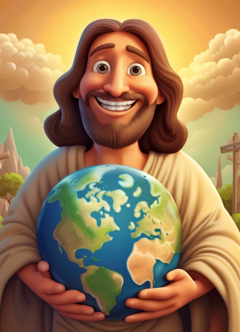 Cartoon Jesus Cradling Planet Earth in Matte Painting